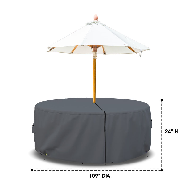 Heavy Duty Multipurpose Waterproof Outdoor Round Dining Table & Chair Set Cover with Umbrella Hole, 24" H x 109" W, Gray