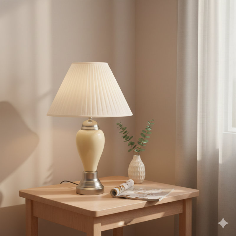 Lampe de table haute 27 po en céramique, en forme d'urne avec finition argent / ivoire, abat-jour en lin