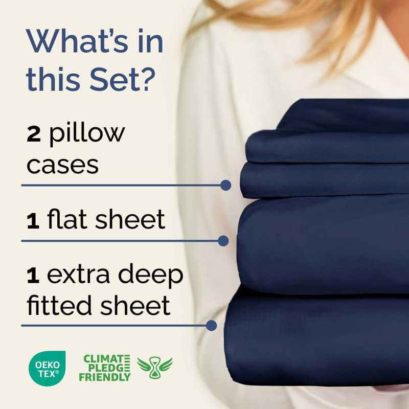 Extra Deep Pocket Sheet Set, Cooling & Breathable Bed Sheets, Soft Hotel Luxury Bedding, Fits 18–24 Inch Mattress, Navy Blue