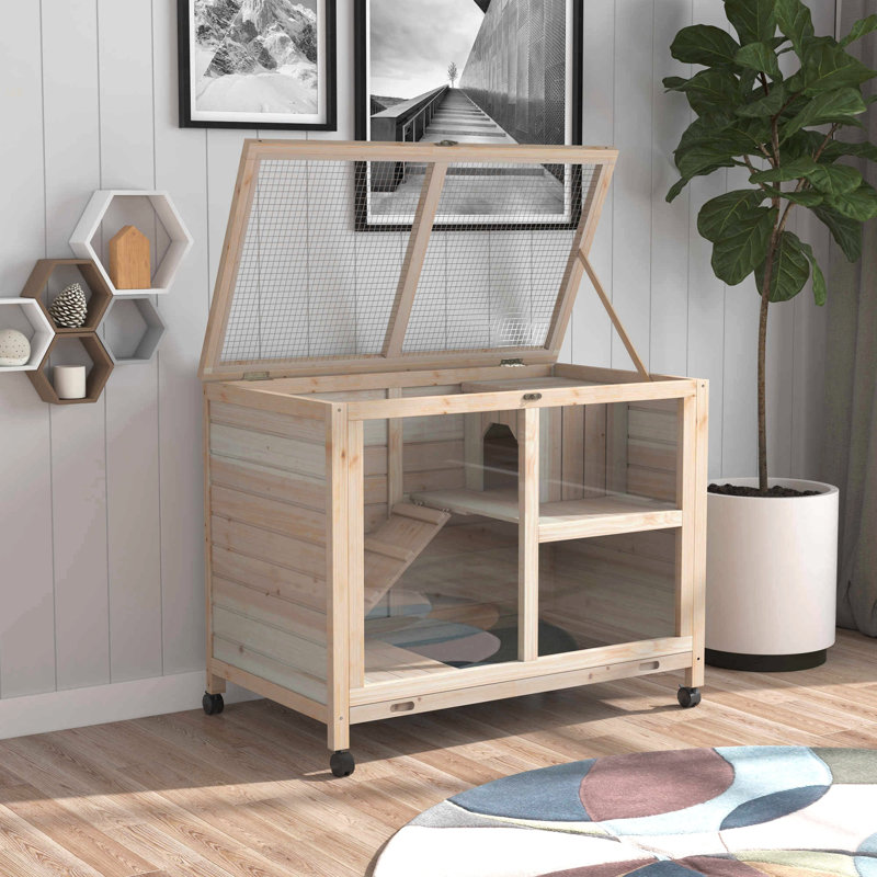 Cage à lapins d'intérieur Pawhut avec roulettes, bureau et table d'appoint, cage à lapin, Bois naturel