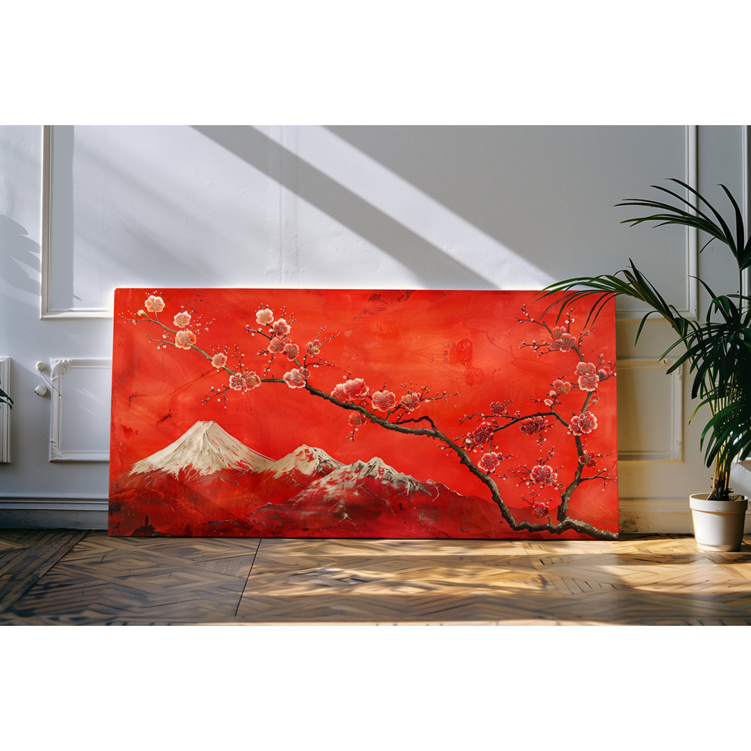 Gerahmtes Bild auf Leinwand 120x60cm Berge Schneegipfel Rot Baumblüte Kunstvoll Japan