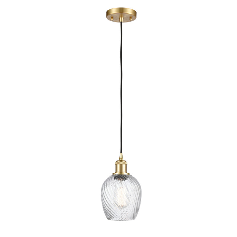 Lyman 1 - Light Single Pendant, Clear Spiral Fluted, 6 Watt Vinage LED Bulb, Satin Gold