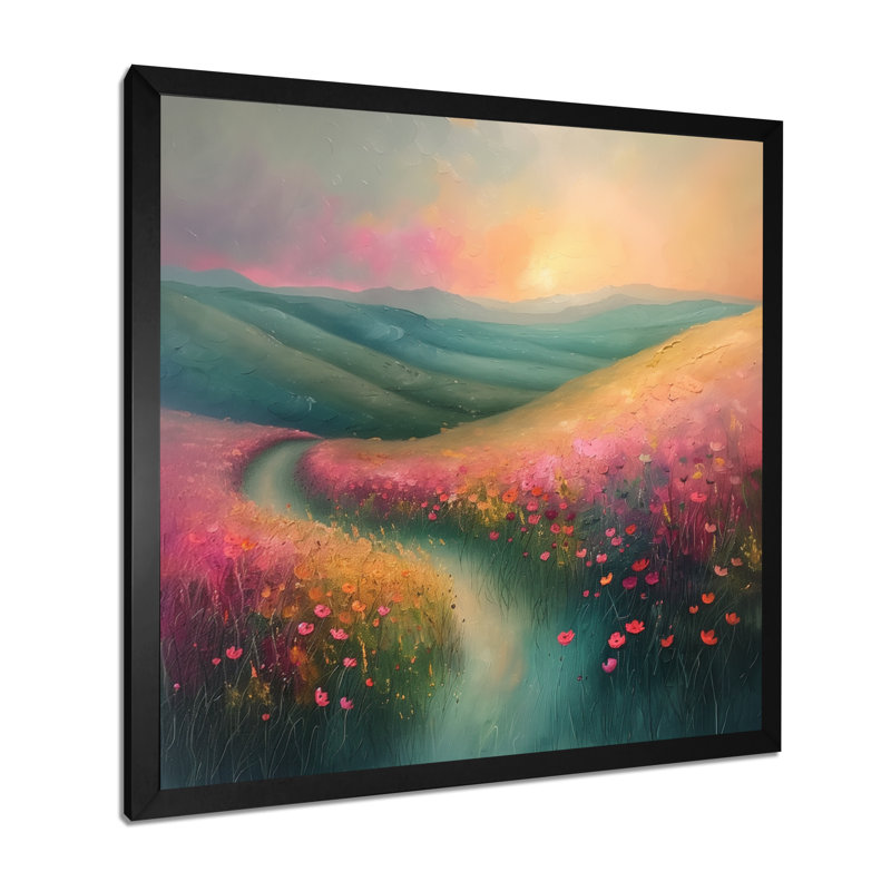 Fleur rose romantique Summer Meadows I - Fleurs, art mural salon, Cadre simple noir, H 16 po x l 16 po
