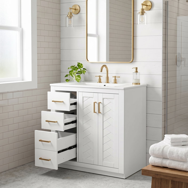 Meuble-lavabo autoportant de 30 po en blanc avec lavabo en céramique, structure en bois massif, armoire de rangement avec 3 tiroirs et portes à fermeture douce (sans robinet)