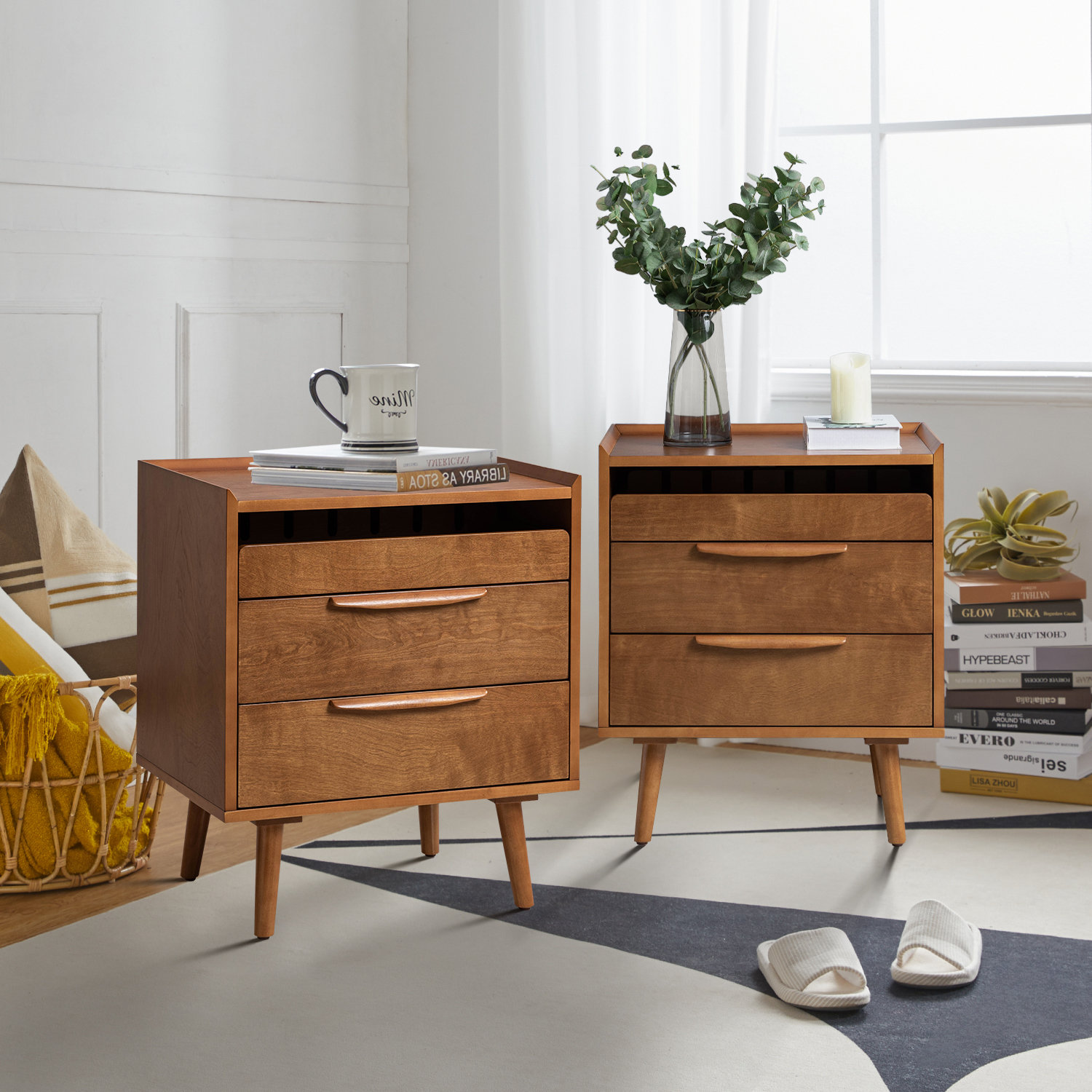 Sebrina Mid Century Modern 3 Drawer 28 Tall Nightstand with Built in Outlets Solid Wood Legs Corrigan Studio Color Walnut
