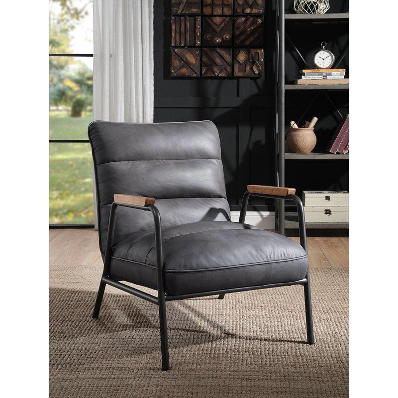 Chaise en cuir gris avec structure, coussin de 8 po, accents en fer mat, siège d'appoint confortable à grain supérieur, plancher de 9 po, attrait chic
