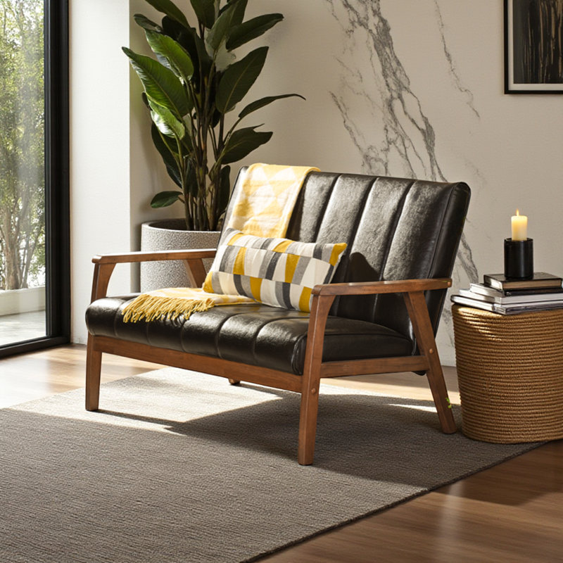 Harton Brown Leather Loveseat with Square Arms, 31.46'' H X 44.52'' W X 29.39'' D, Brown Faux Leather