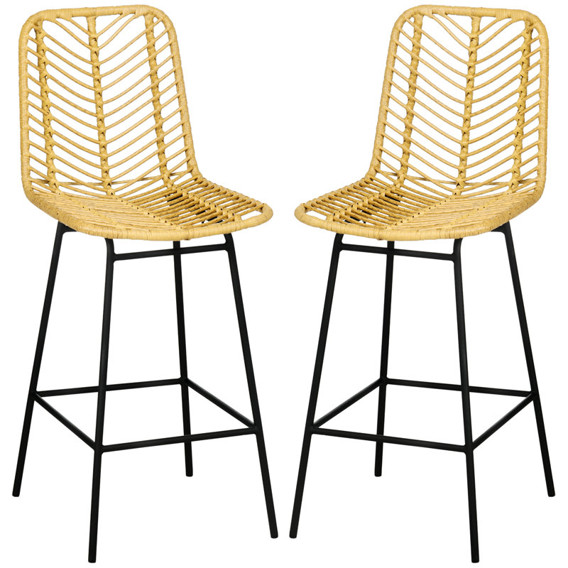Tabourets de bar, tabourets de bar avec siège et dossier en osier respirant, tabouret de bar à cadre en métal pour la cuisine, la salle à manger, le bar