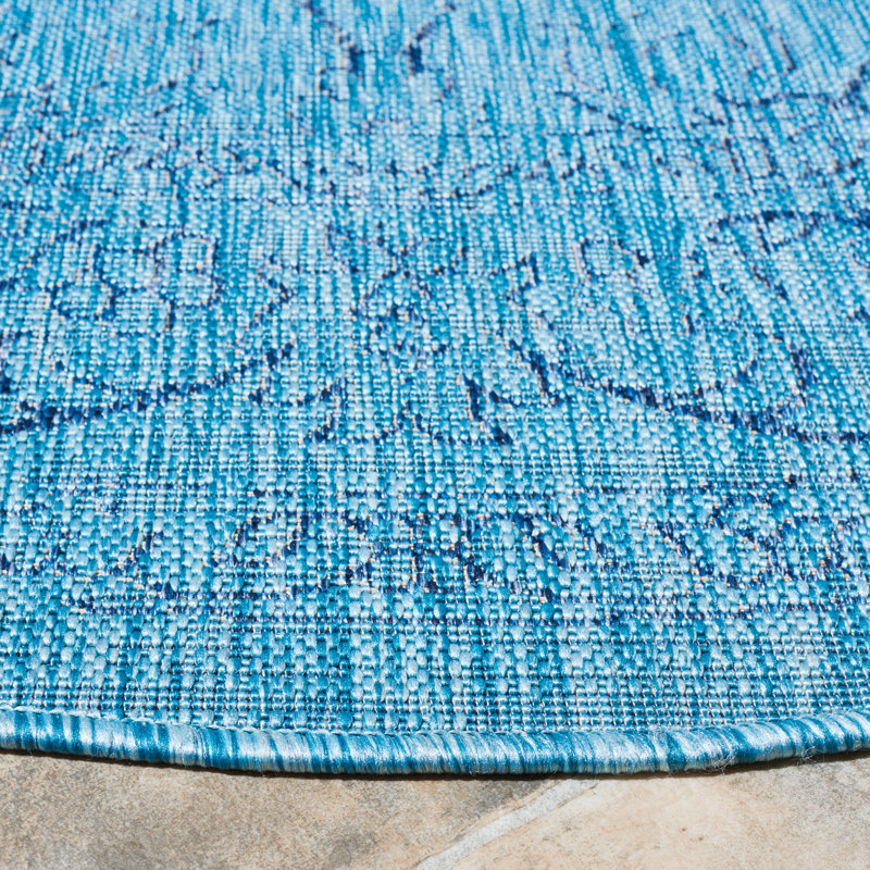 Courtyard Performance Oriental Indoor/Outdoor Area Rug, Round 6'7", Aqua/Navy