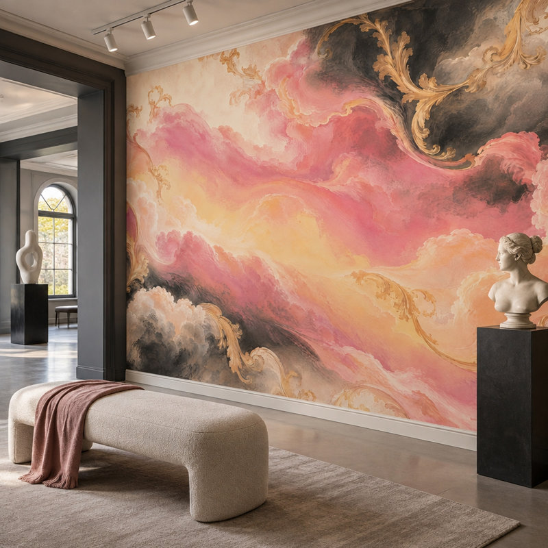 Adhésif mural à volutes dorées rose, 160 po x 108 po, Peler et coller
