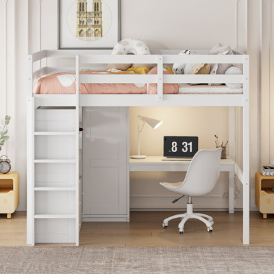 Lit mezzanine double en bois avec bureau, garde-robe, tablettes et tiroirs de rangement, blanc