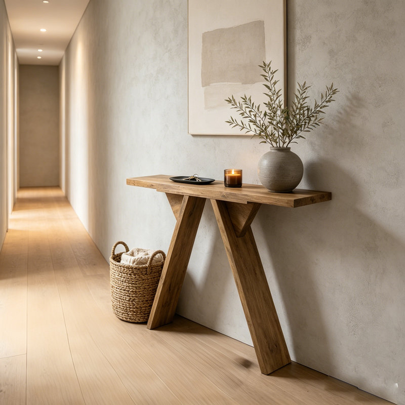 Console de 43,4 po, table d'entrée étroite Mid-Century moderne avec base en forme de V, Natural