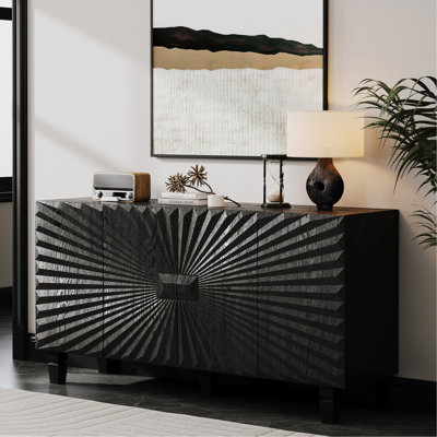 59'' Modern Buffet Sideboard with 4 Sunburst Doors,Credenza Storage Cabinet with Solid Wood Legs,Large Storage Cabinet for Kitchen Dining Living Room Entryway (Black)