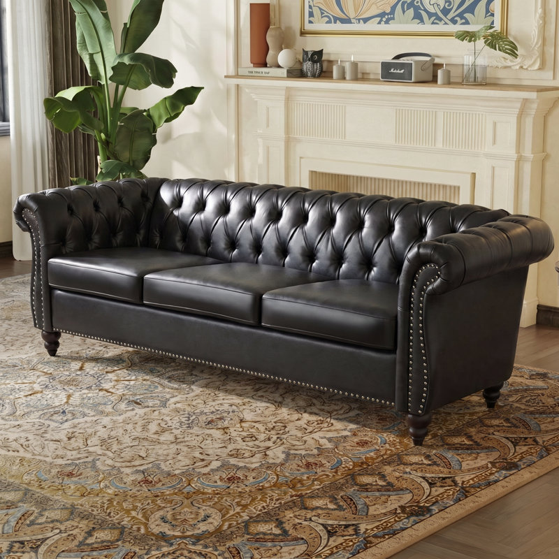 Canapé Chesterfield en polyuréthane à accoudoirs roulés., 84" W, Noir