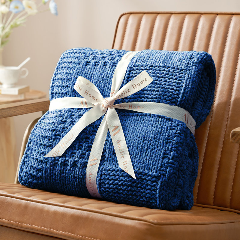 Jeté à carreaux en chenille pour lit, canapé et lit, L 50 po x L 60 po, Bleu