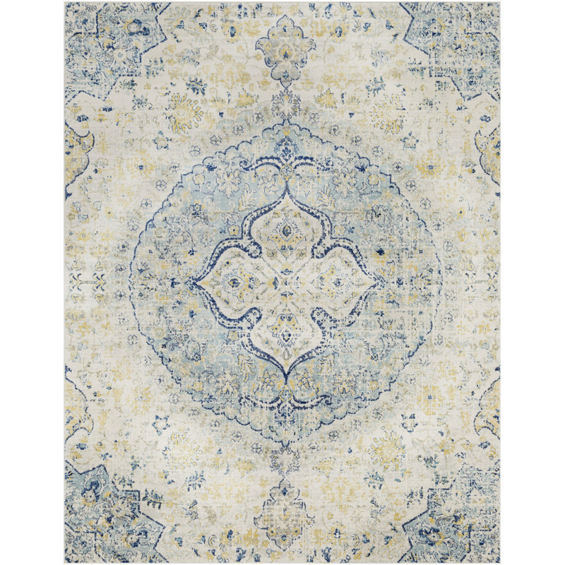 Tapis oriental bleu sarcelle / jaune Adelia, Rectangle 5 pi 3 po x 7 pi 3 po