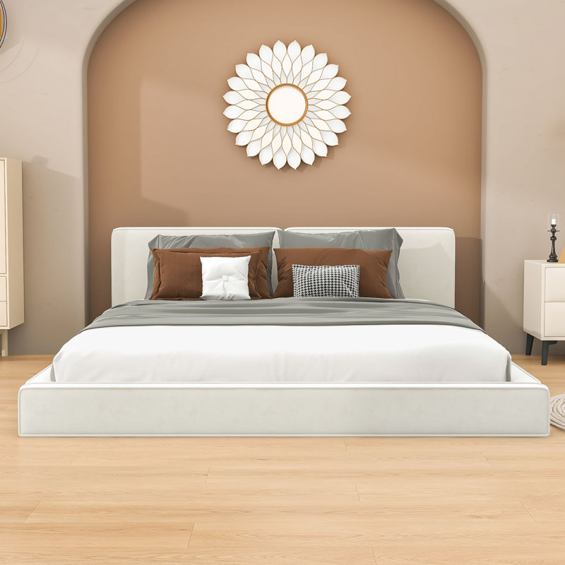 Wood Queen Upholstered Platform Bed with Headboard, Beige