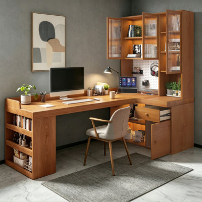 Light brown L-Shaped Solid Wood Armoire Desk with drawers desk