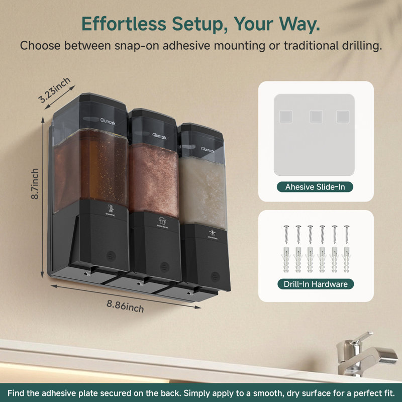 Shower Shampoo Conditioner Body Wash Dispenser Refillable, Adhesive Bathroom Lockable Wall Mounted Plastic Shower Soap Dispensers For Hotel Home, 500ML/16.9OZ Each Smoke Gray Bottle 3 Chamber, Black Pump