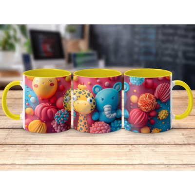 3D Design 11oz Accent Mugs – Ceramic Coffee Cup with a Yellow Handle and Interior
