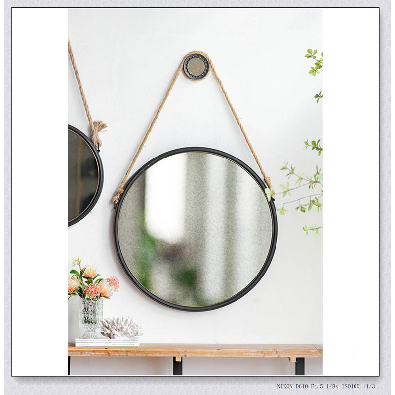 Miroir rond suspendu tendance de 29,5 po avec cadre noir et sangle de corde, décor industriel contemporain pour salle de bain, chambre à coucher ou espace de vie
