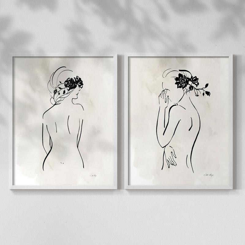 Dessin au trait romantique I - impression encadrée de qualité supérieure - prêt à être accroché - aucun clou requis - aucun clou requis