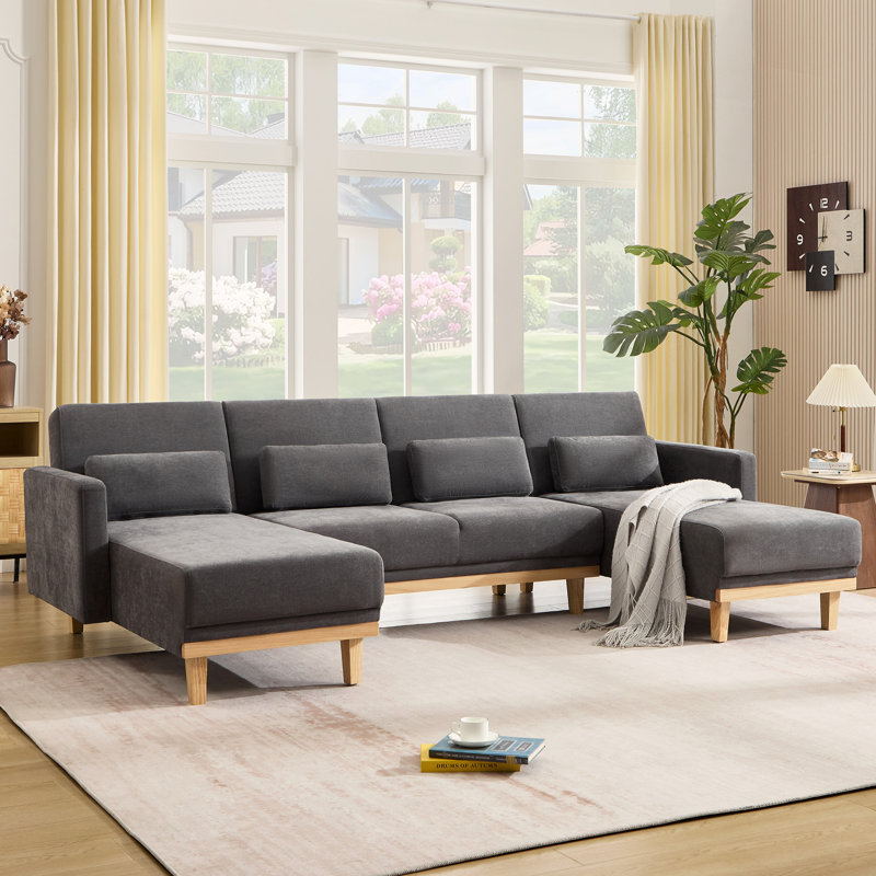113.4" W U-Shaped Chenille Sectional Sofa With 2 Chaises, 3-Level Adjustable Backrest & Solid Wood, Dark Gray Chenille