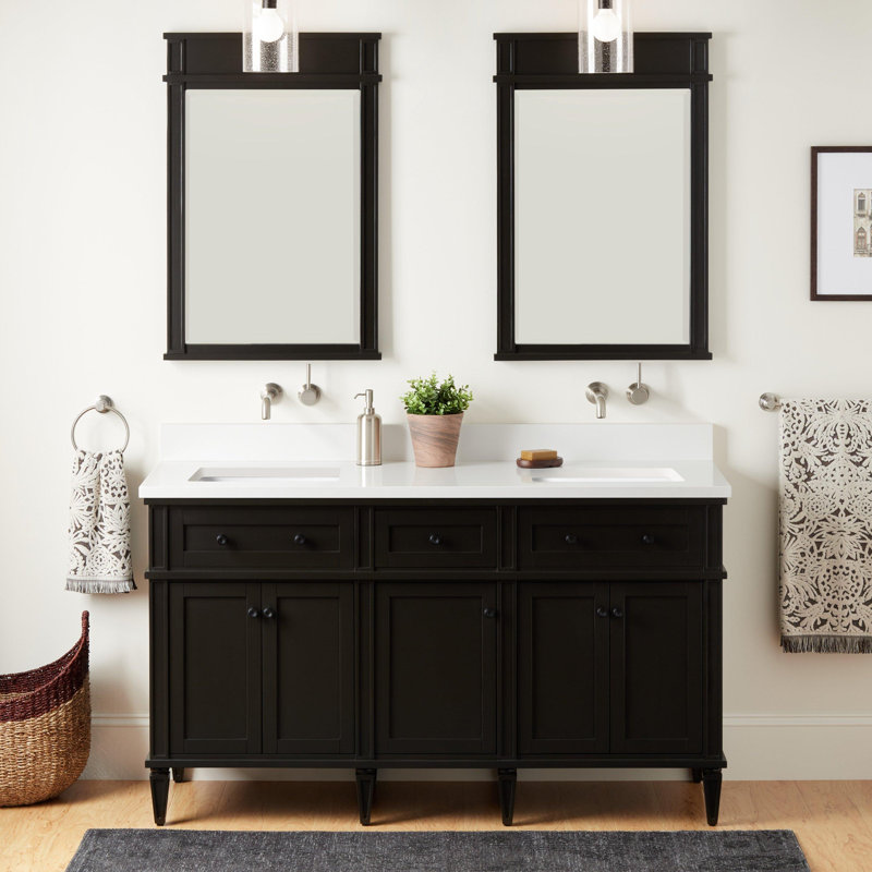 Elmdale 60" Freestanding Mahogany Double Vanity Rectangular Undermount Sink - Single Faucet Holes, Arctic White Quartz