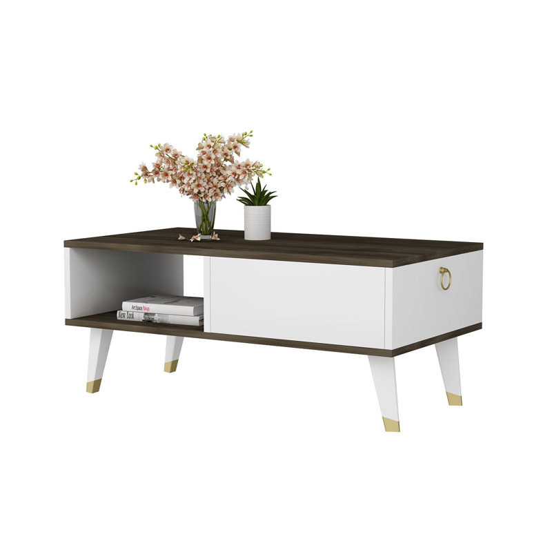 Table basse moderne, noyer et blanc, 100% panneau de particules recouvert de mélamine, épaisseur: 0,7 pouce | Design scandinave, durable et élégant pour le salon et les salons