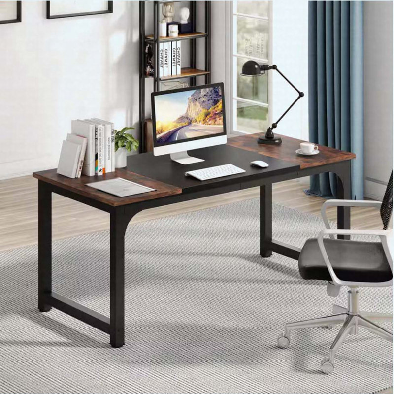 Bureau de direction 70,8 po, poste de travail d'ordinateur moderne avec structure en métal épais, Brown/Black