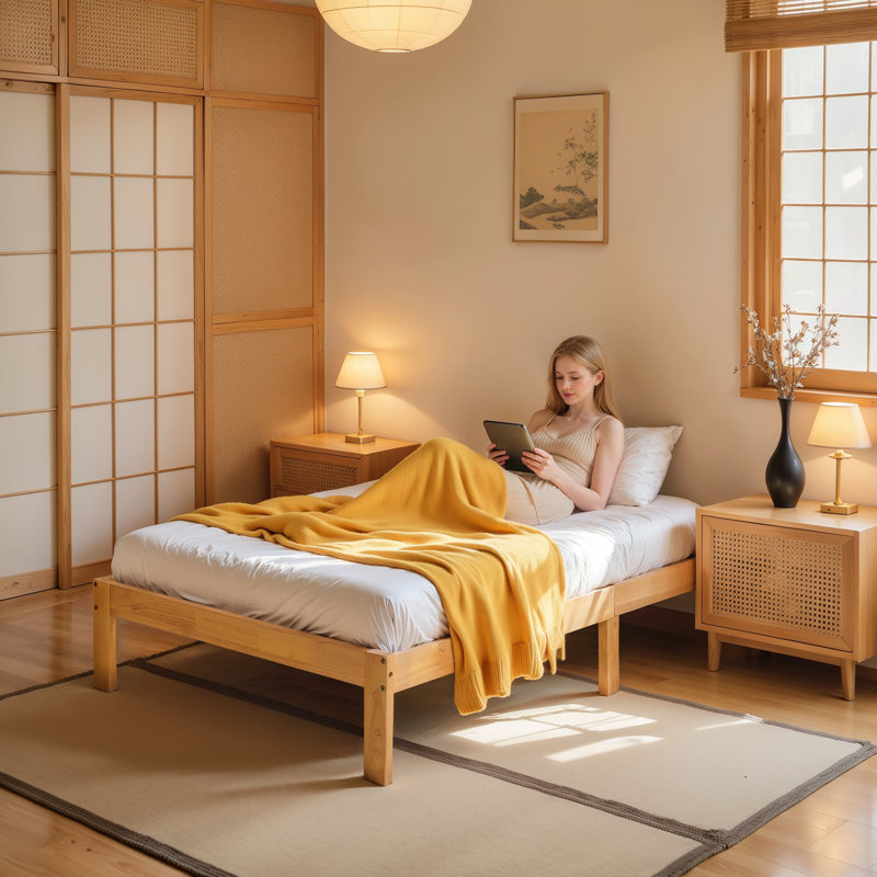 Structure de lit plateforme en bois massif de 12 pouces, structure de lit en bois sans sommier, Jaune, Complet/Double