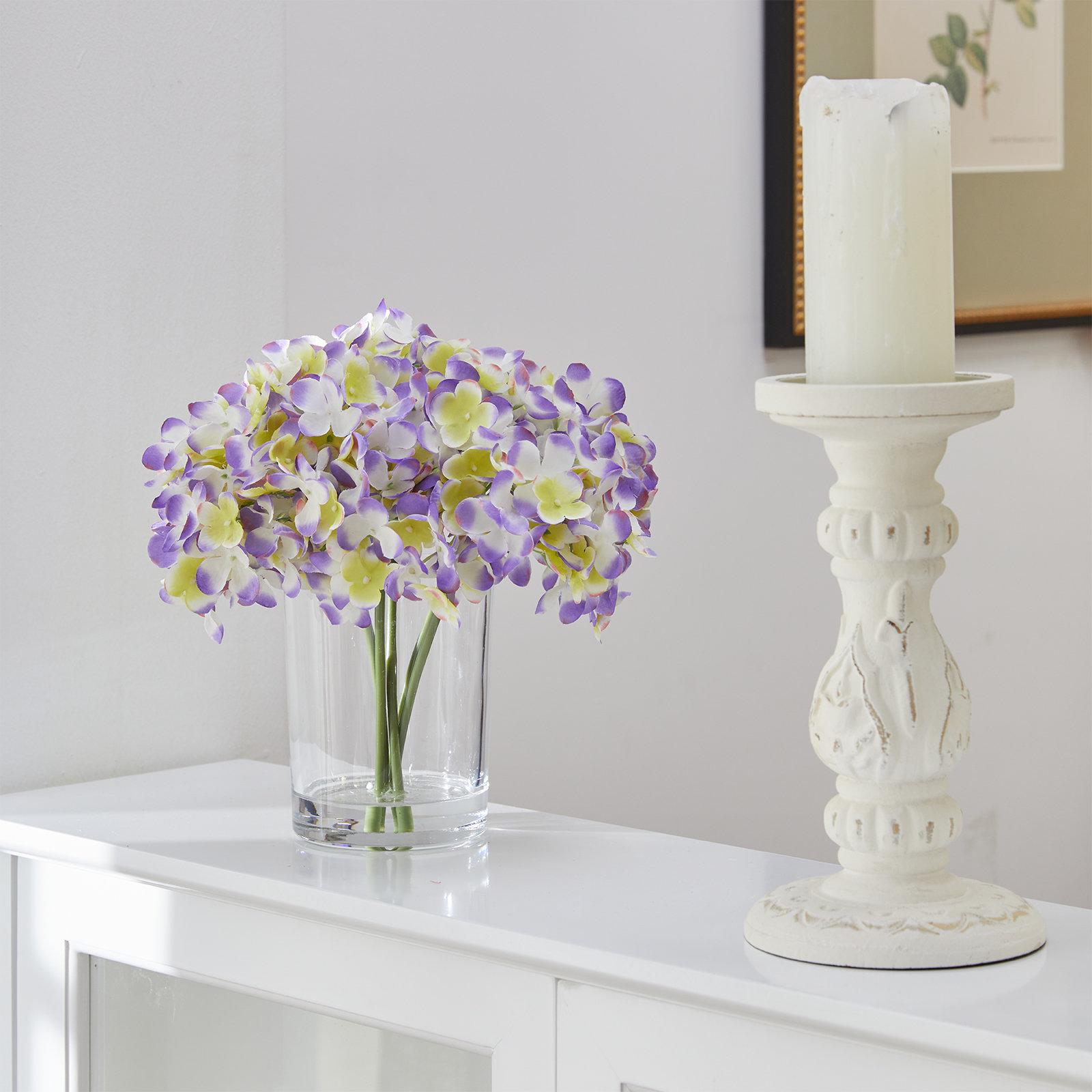 Primrue Hydrangea in Glass Vase with Fake Water for Tea Table or