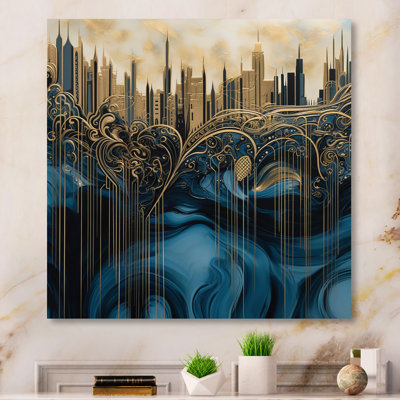 Gold And Blue Urban Elegance I - City Art Deco Wall Art For Living Room