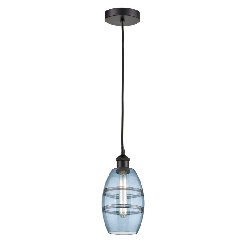 Mini-luminaire suspendu 1 lumière Edison Bettylou-616-G557, H 8,13 po x l 5,88 po x P 5,88 po, Bleu princesse, Noir mat
