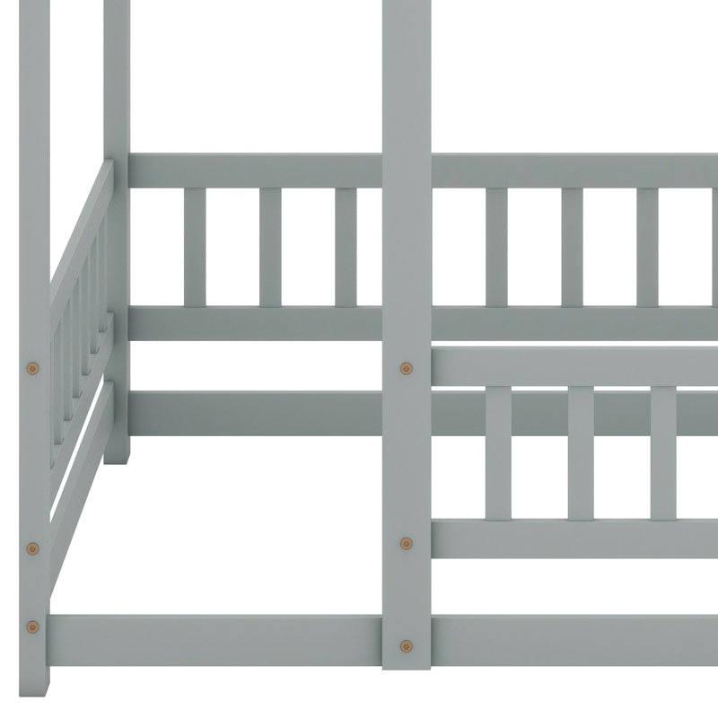 Lit en bois avec structure de toit et garde-corps de sécurité, Gris