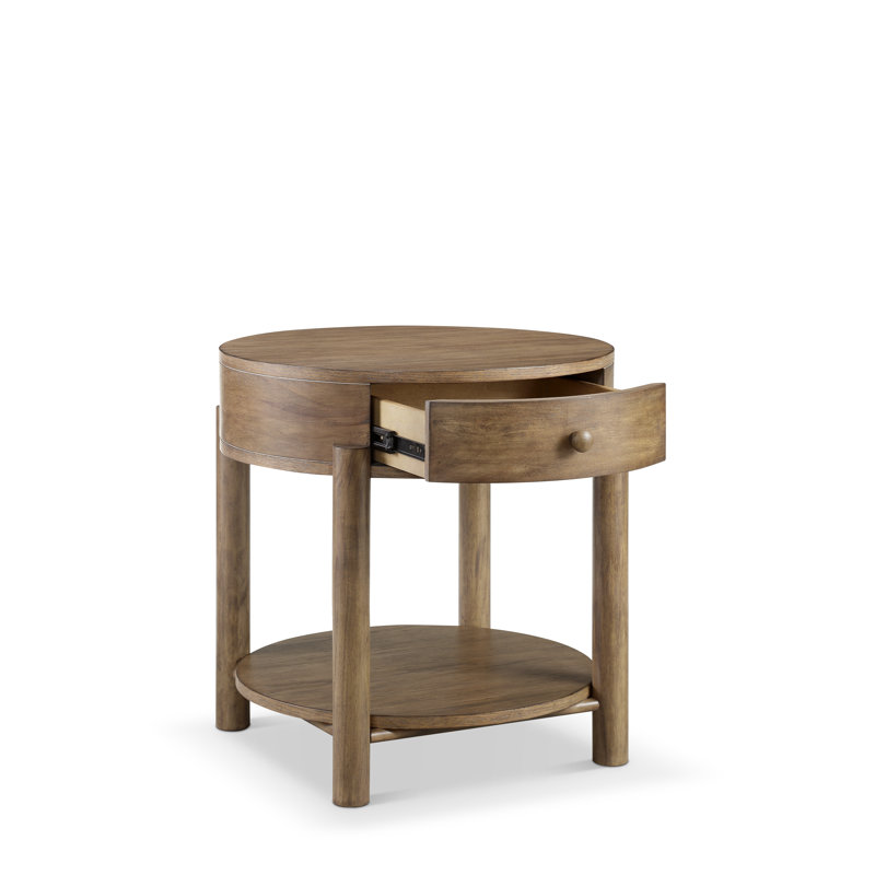 Round Brown Solid Oak Wood End Table with Storage