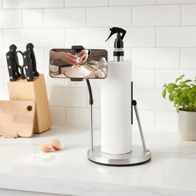 3 in 1 Paper Towel Holder with Phone Stand,Heavy-Duty Countertop Kitchen Paper Towel Holder with Spray Bottle,