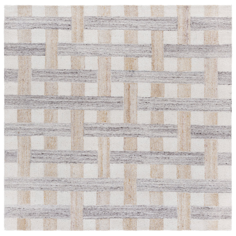 Ketela Hand Tufted Wool/Cotton Geometric Rug in Grey/Ivory, Square 6'