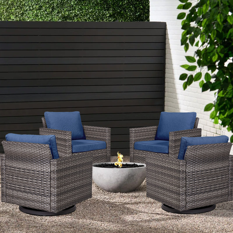 Ingvald Swivel Rocking Patio Wicker Chairs with Cushions (Set of 4), Blue, Gray