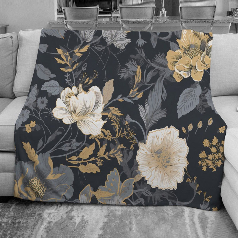 Floral Fleece Throw, 51" W x 60" L, Gold/Gray Floral