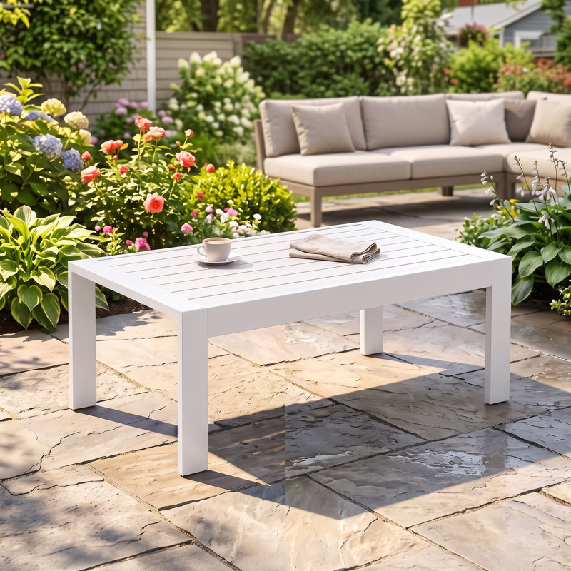 Table basse d'extérieur avec plateau tout en aluminium et structure légère en aluminium thermolaqué, table de patio blanche résistante aux intempéries pour jardin, terrasse ou balcon, 109 cm (43 po).