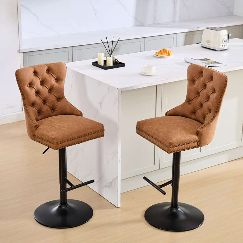 Comfortable Pu Leather Bar Stools In Orange - Of 2 360 Rotation, Adjustable 25-33 Inch Seat, Resilience Modern High Rebound Inner For Home And Pub