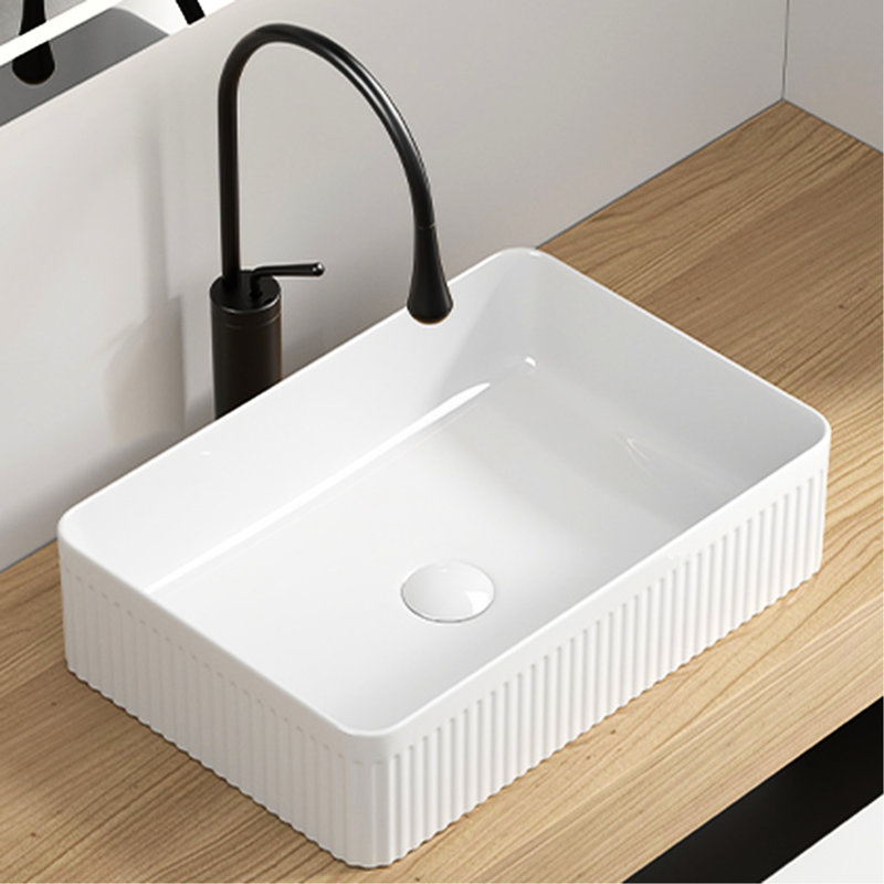 Lavabo vasque en céramique blanche pour salle de bain de comptoir rectangulaire, à cuve profonde, à drain rapide, à surface lisse, 13,42 po de largeur