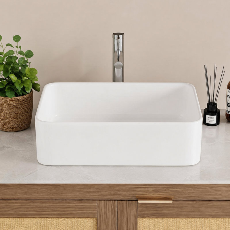 Lavabo vasque rectangulaire, lavabo de comptoir en porcelaine vitrifiée blanche, lavabo en céramique au-dessus du comptoir, robinet non inclus