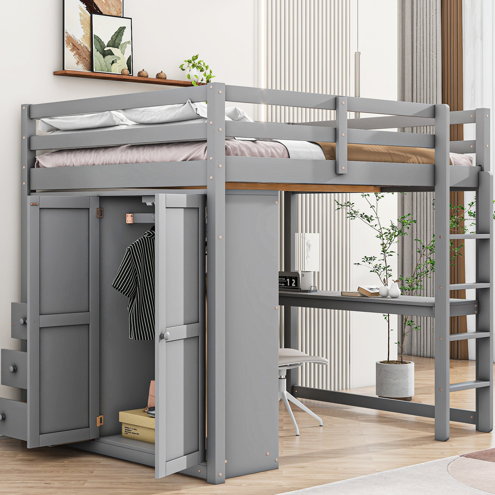 Ebern Designs White Wood Full Size Loft Bed With Built-In Storage ...