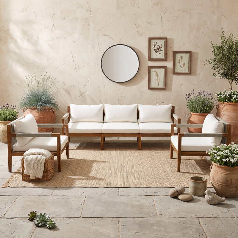 Ensemble de conversation d'extérieur trois pièces avec corde et coussins amovibles, Beige
