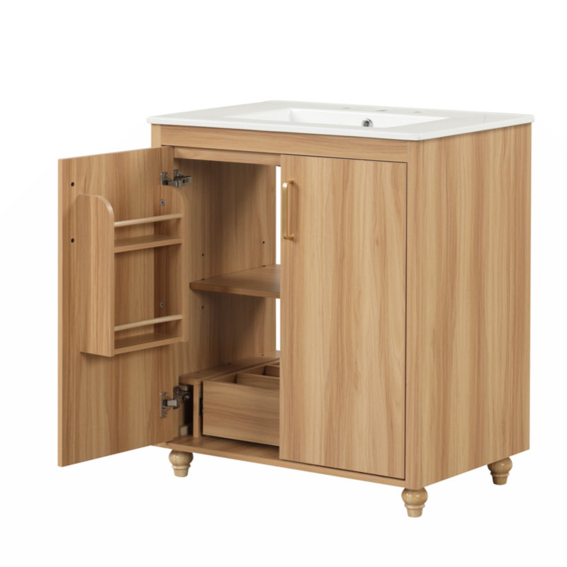 Ensemble de meuble-lavabo 30 po avec lavabo, armoire de salle de bain multifonctionnelle avec portes et tiroir, panneau de fibres à densité moyenne, naturel