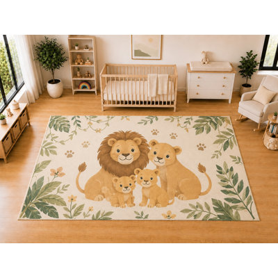 "Ultra Light Weight" Large 6'7 x 9'10 Lion Family Area Rug for Kids Room, Nursery, Playroom, Soft Low Pile Indoor Carpet, Cute Jungle Animal Floor Decor