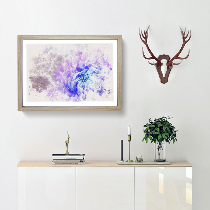 Lilac and Blue Chrysanthemum Watercolour - Picture Frame Graphic Art Print, 24cm H x 33cm W x 2cm D, Oak Framed