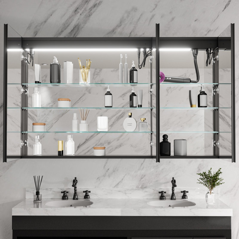 60 In. W X 36 In. H Rectangular Aluminum Medicine Cabinet With Mirror And Flowing Light, Dimmable, Anti-Fog, Dual Swing